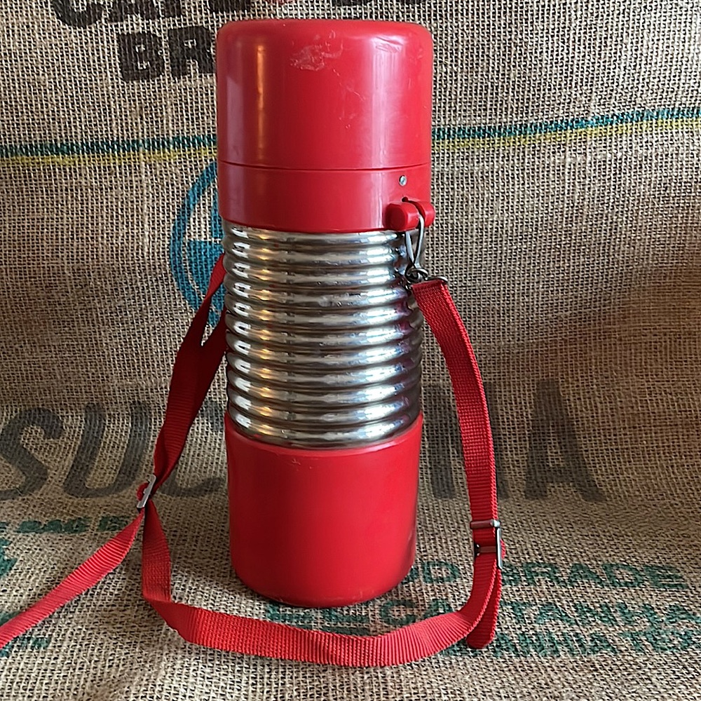 Vintage Nissan Red and Chrome thermos with strap - Retro Seventies Camper